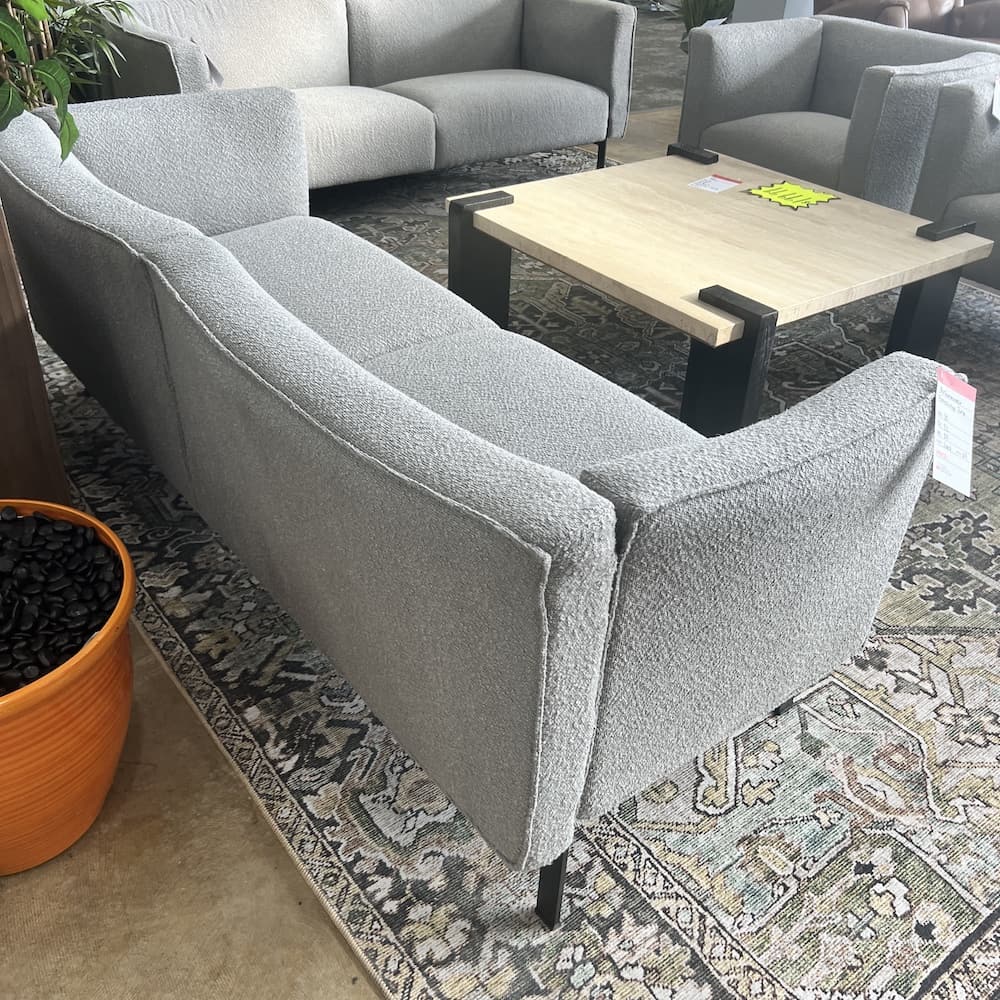 light grey boucle commercial sofa couch, contract furniture open box office