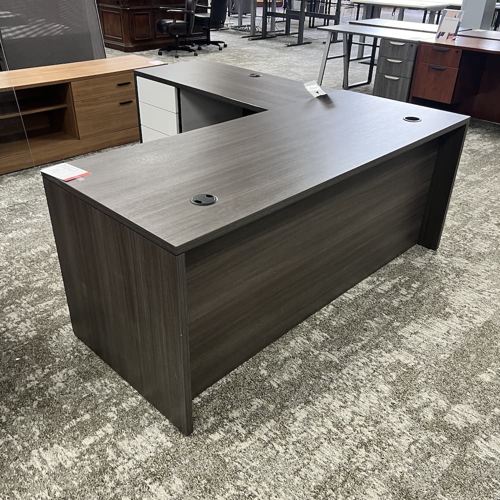 grey and white laminate double pedestal l-desk left return, hon commercial used office furniture