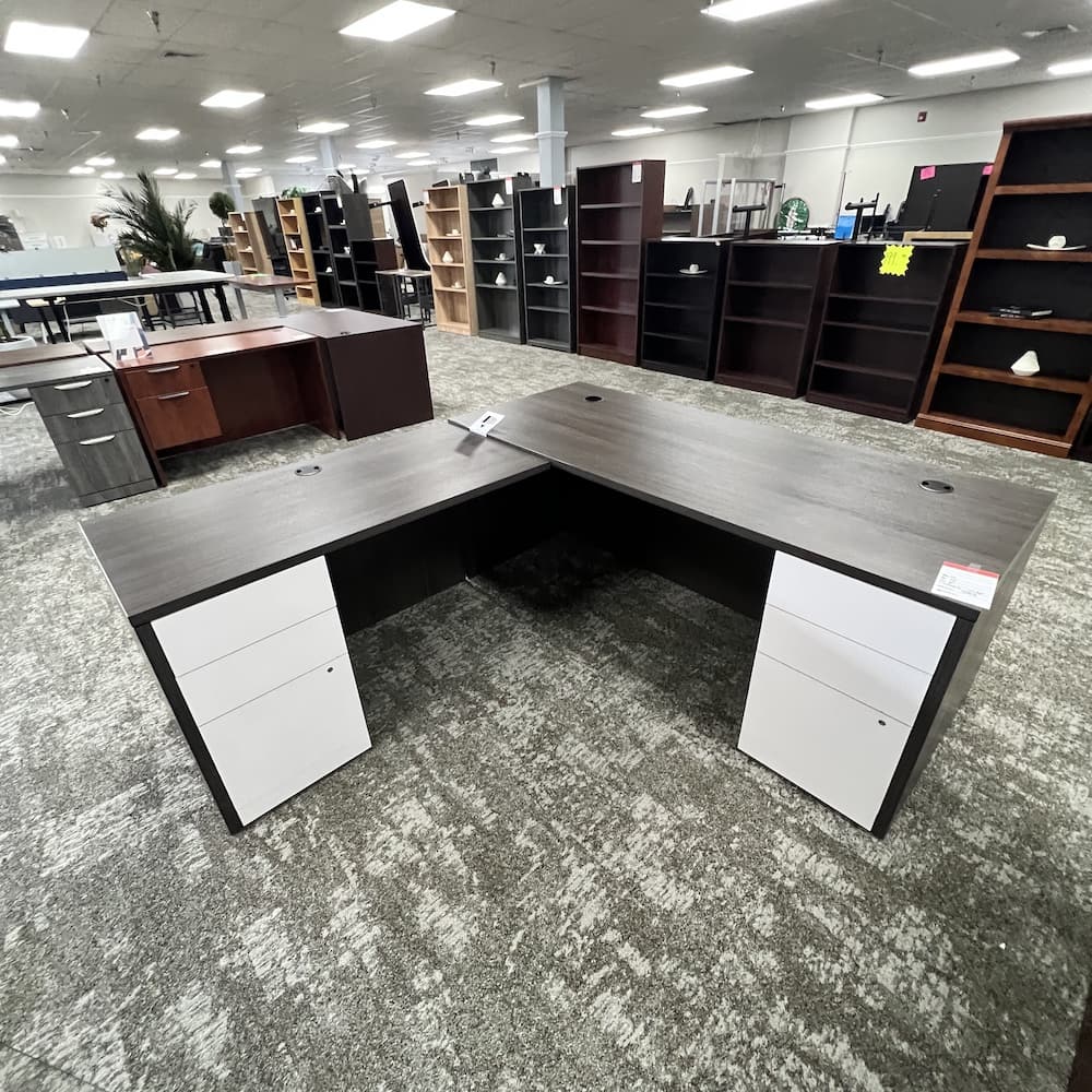 grey and white laminate double pedestal l-desk left return, hon commercial used office furniture