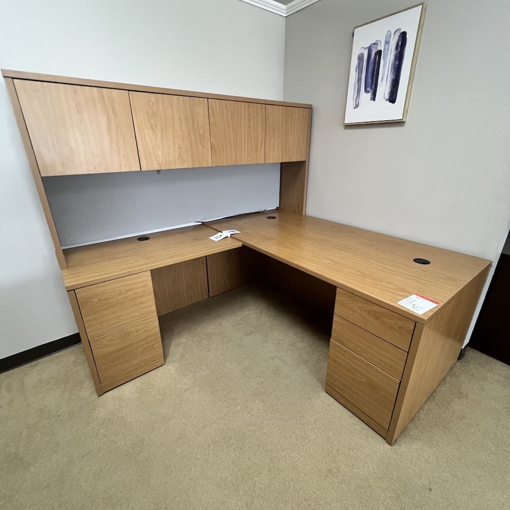 oak honey laminate hon l-desk left return with hutch, used office furniture