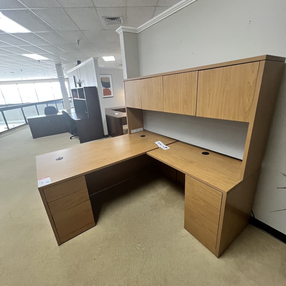 oak honey laminate hon l-desk right return with hutch, used office furniture