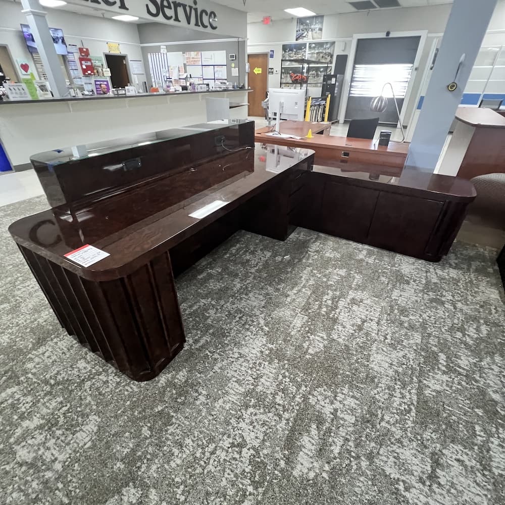 mahogany burled wood glossy lacquerer right return l-desk reception bar, executive, saniharto, Indonesia furniutre, used office furniutre