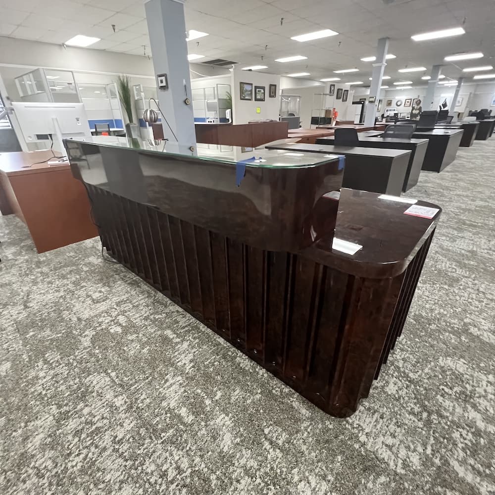 mahogany burled wood glossy lacquerer right return l-desk reception bar, executive, saniharto, Indonesia furniutre, used office furniutre