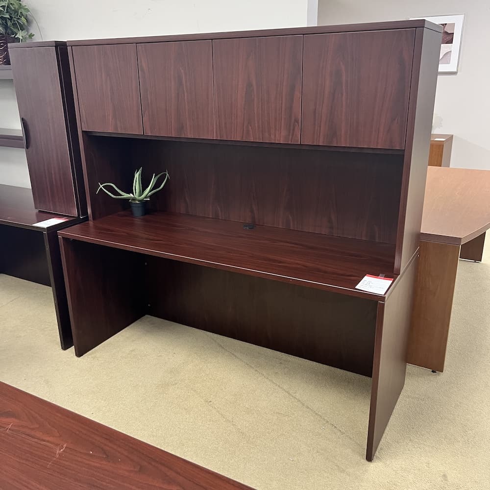 mahogany laminate desk credenza shell with 4 door hutch, used office furniture