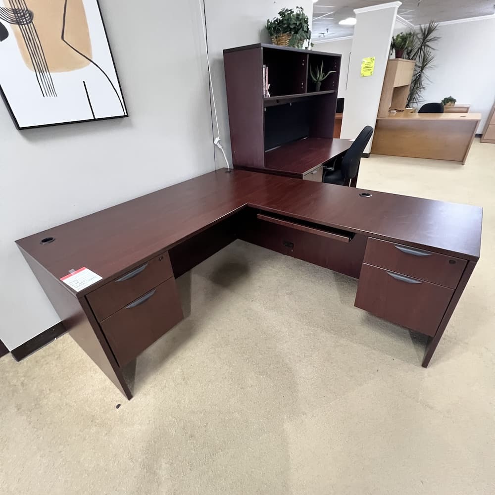 mahogany l-desk left return with double hanging box files, used office furniture