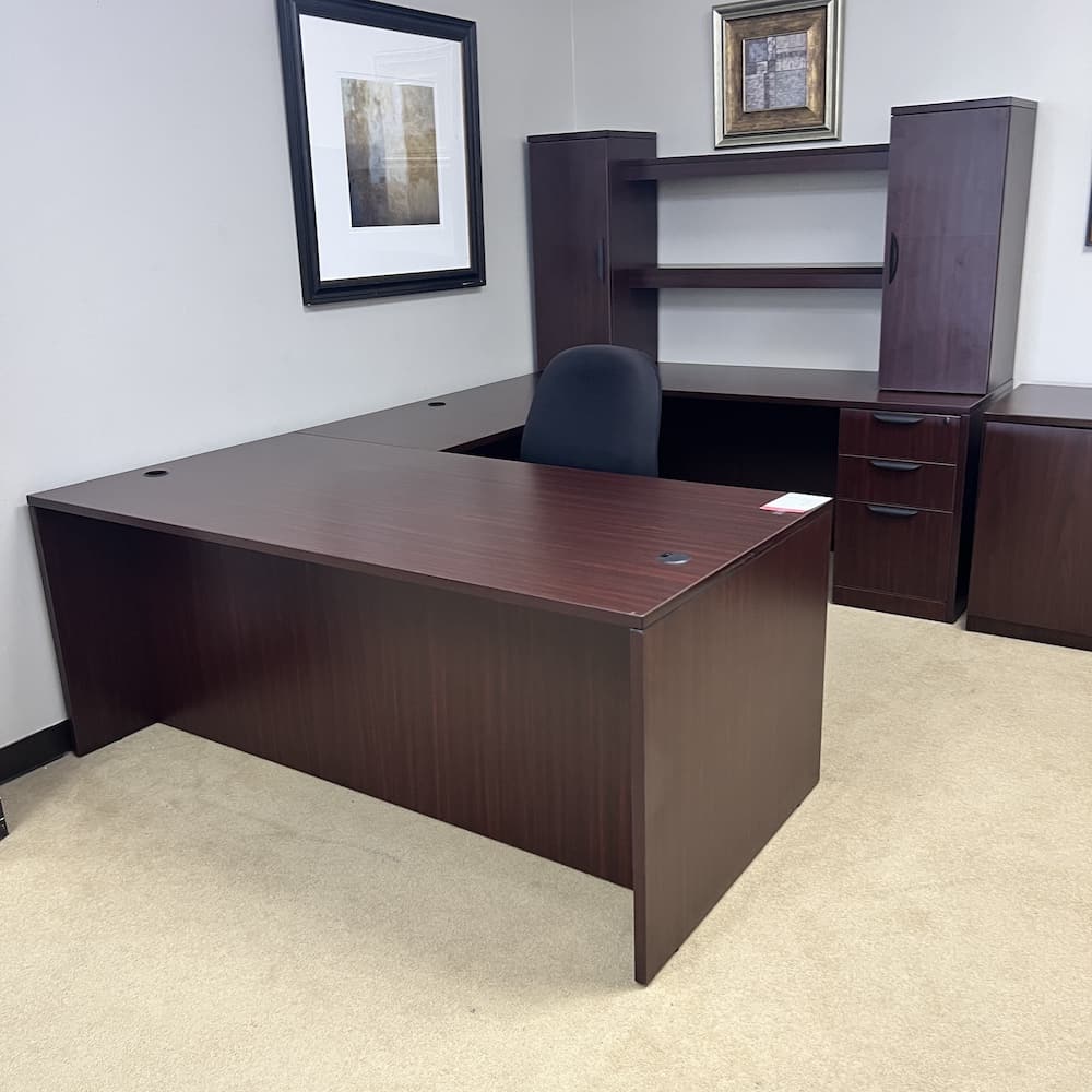 mahogany laminate right return with hutch u-desk, used office furniture