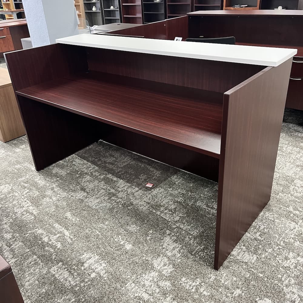 mahogany and white laminate reception desk shell, used office furniture