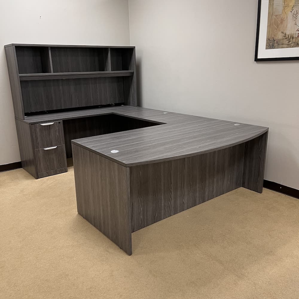 new performance laminate bow front u-desk with open hutch, grey, office furniture