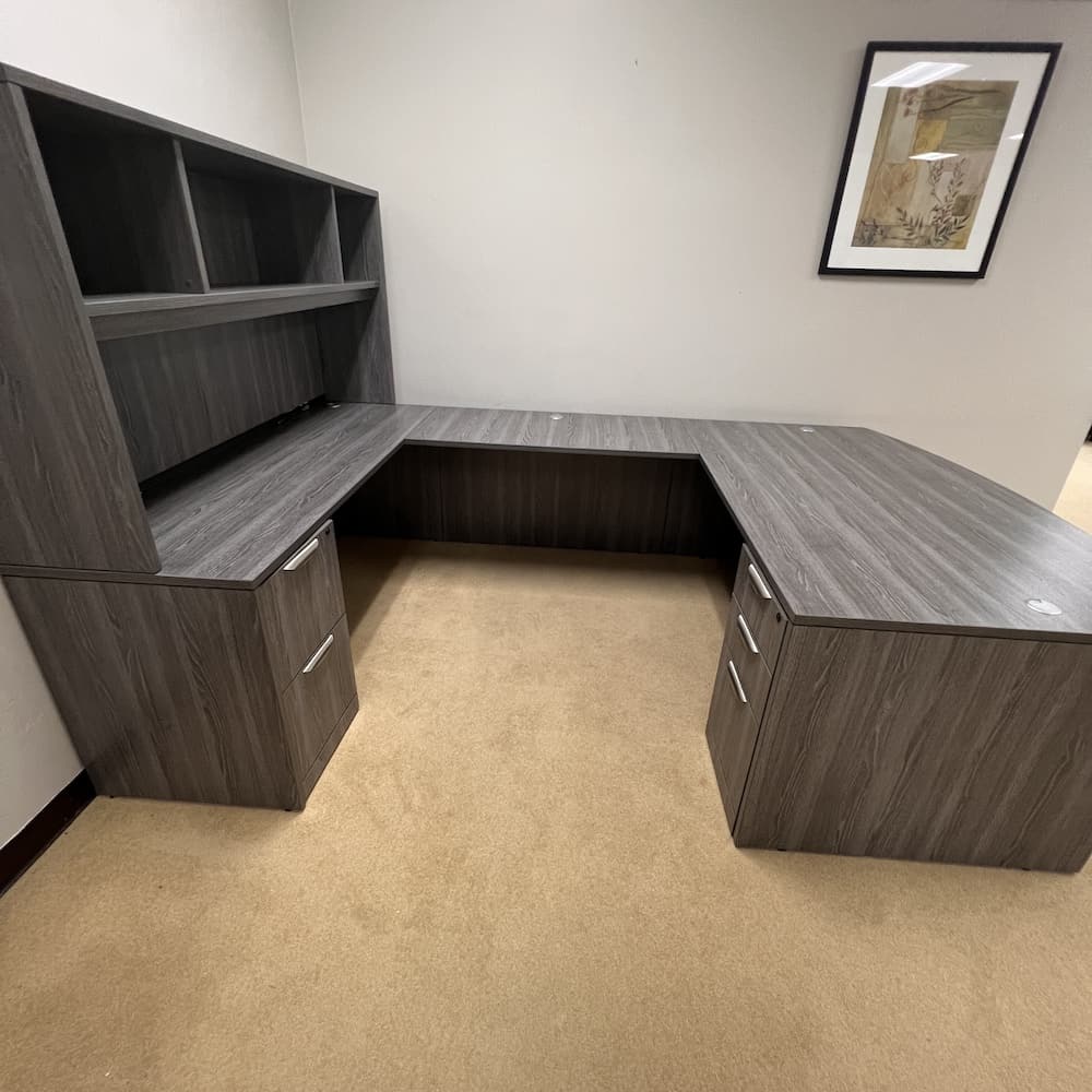 new performance laminate bow front u-desk with open hutch, grey, office furniture