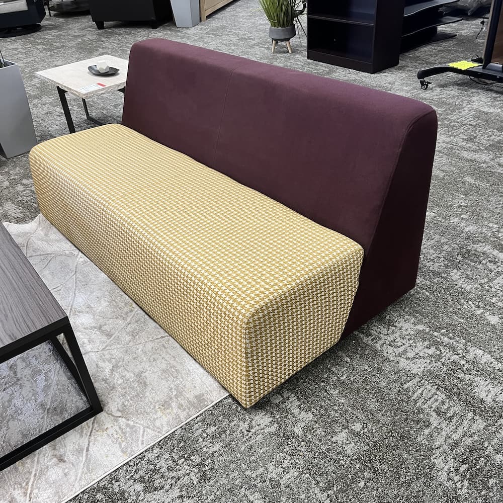 purple and gold upholstery, used commercial seating, contract seating lounge area, used office furniture