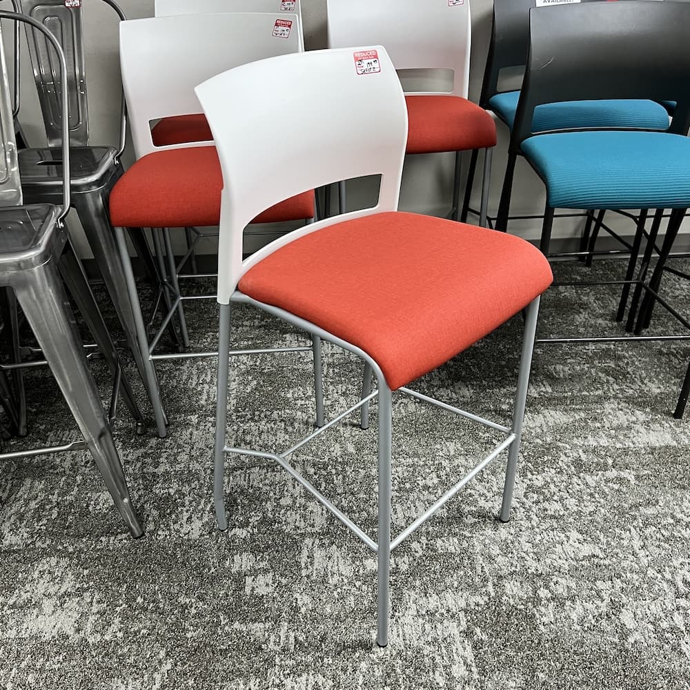 red upholstered steelcase move bar stool, white back, grey metal base, used office furniture