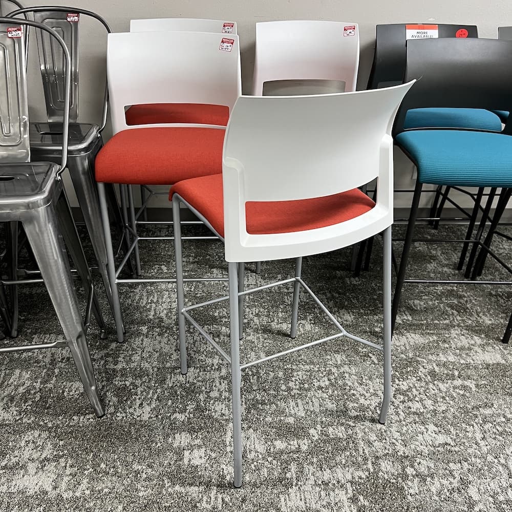 red upholstered steelcase move bar stool, white back, grey metal base, used office furniture
