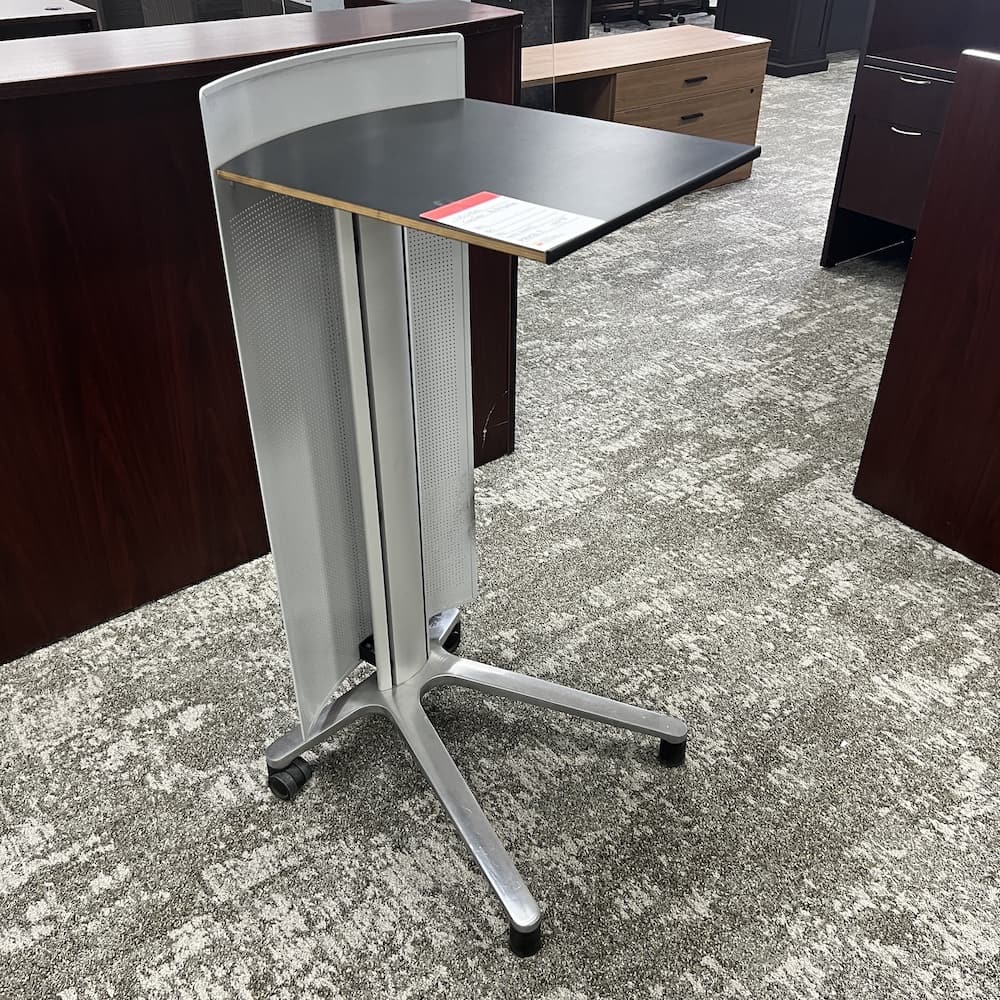 silver podium lectern rolling with metal mesh front, used office furniture