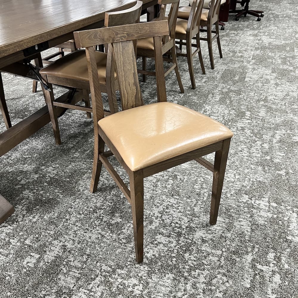 taupe brown walnut veneer table rectangle with 10 chairs, counter height and vinyl seats, electrical ports, hotel conference room table, office furniture, dining table , set