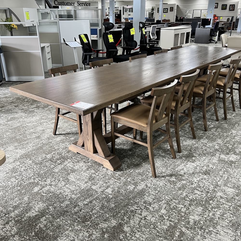 taupe brown walnut veneer table rectangle with 10 chairs, counter height and vinyl seats, electrical ports, hotel conference room table, office furniture, dining table , set