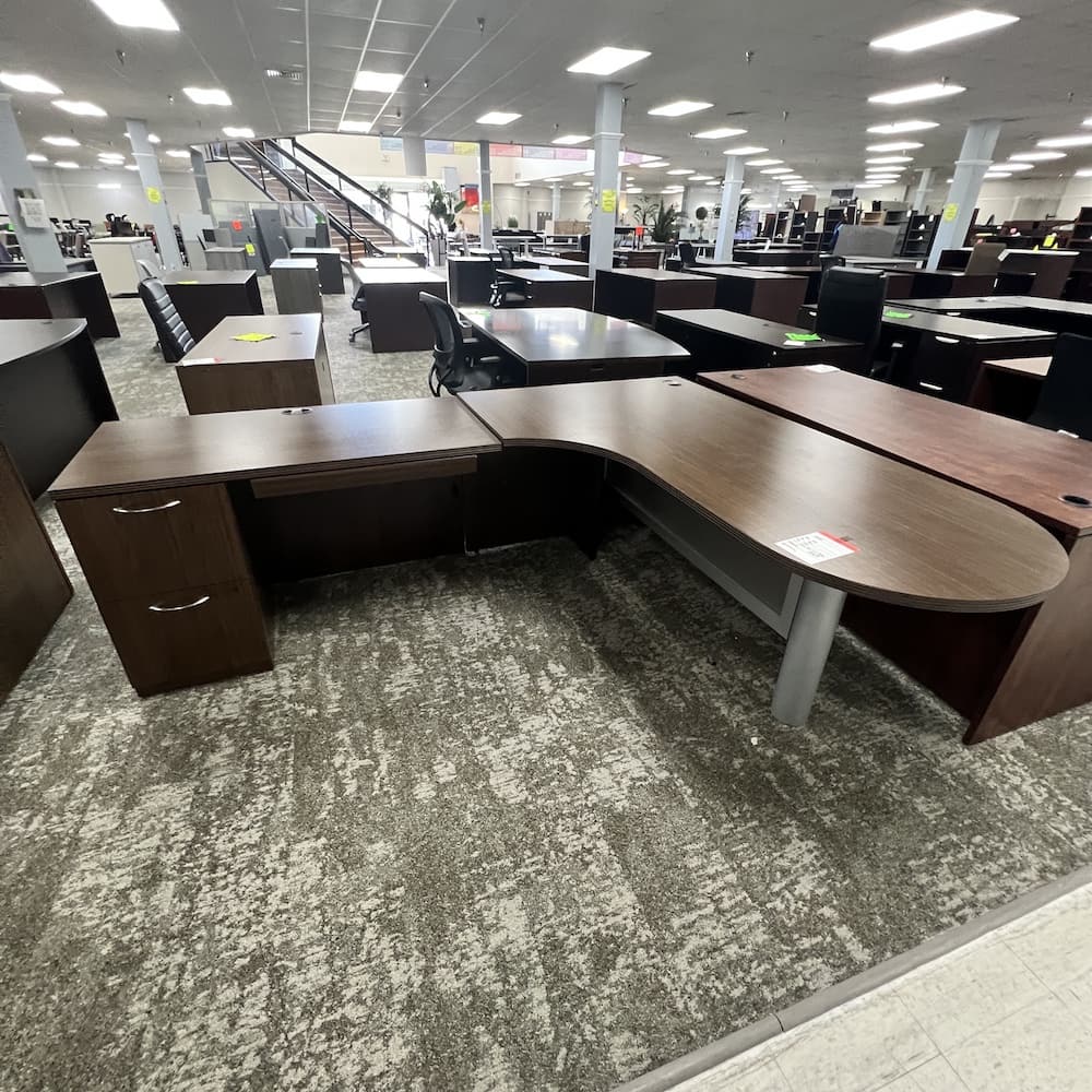 walnut laminate l-desk bullet nose with fileifle, used office furniture