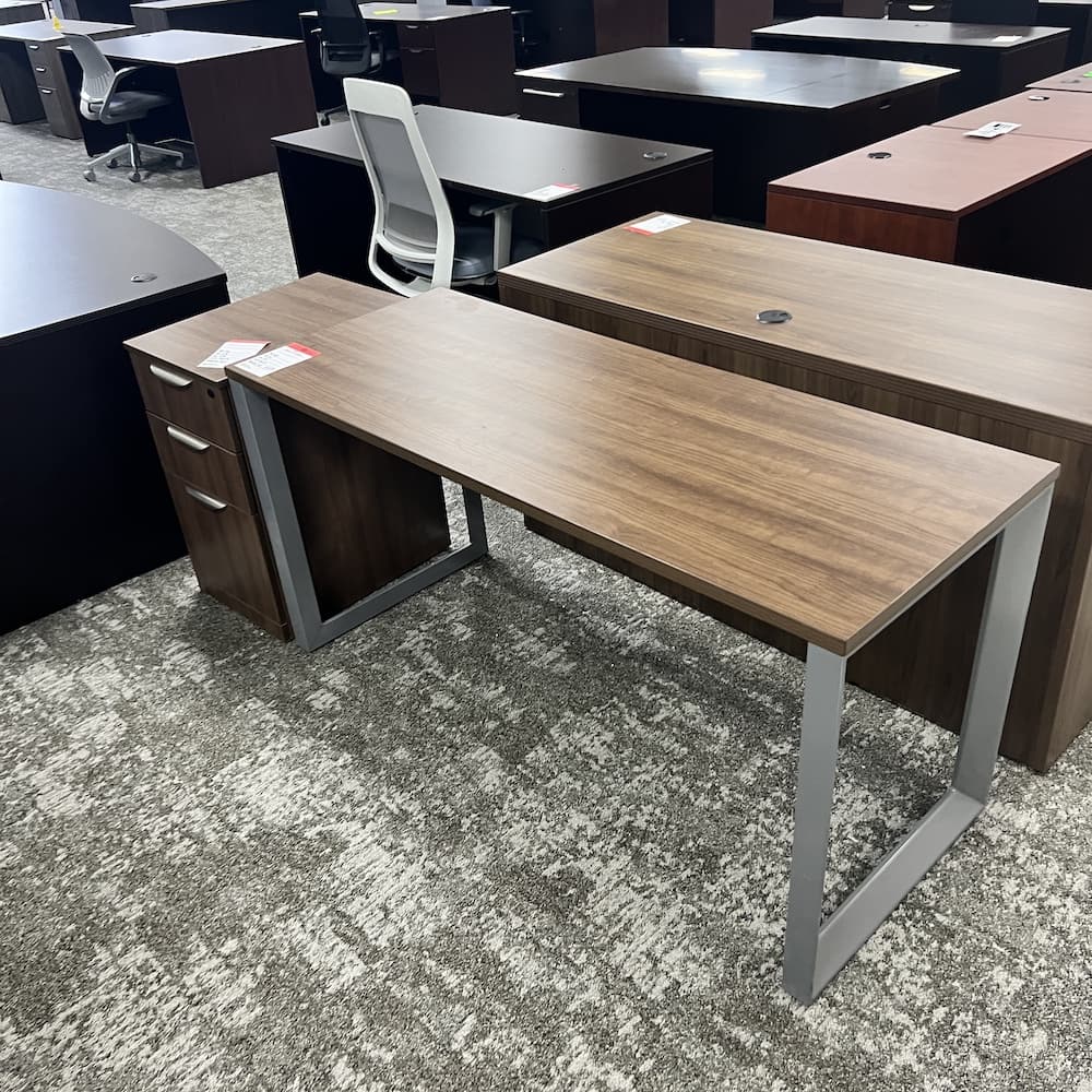 walnut table desk, laminate top with grey metal legs, no drawers, shell, used office furniture, box box file rolling file vertical