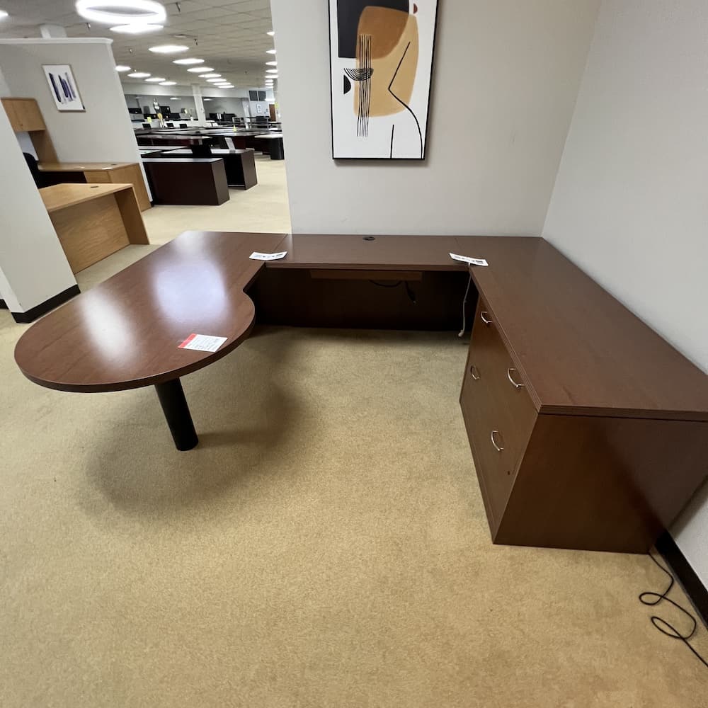 walnut lamiante u-desk left return, bullet nose and 2 drawer lateral file, used office furniture, hon commercial