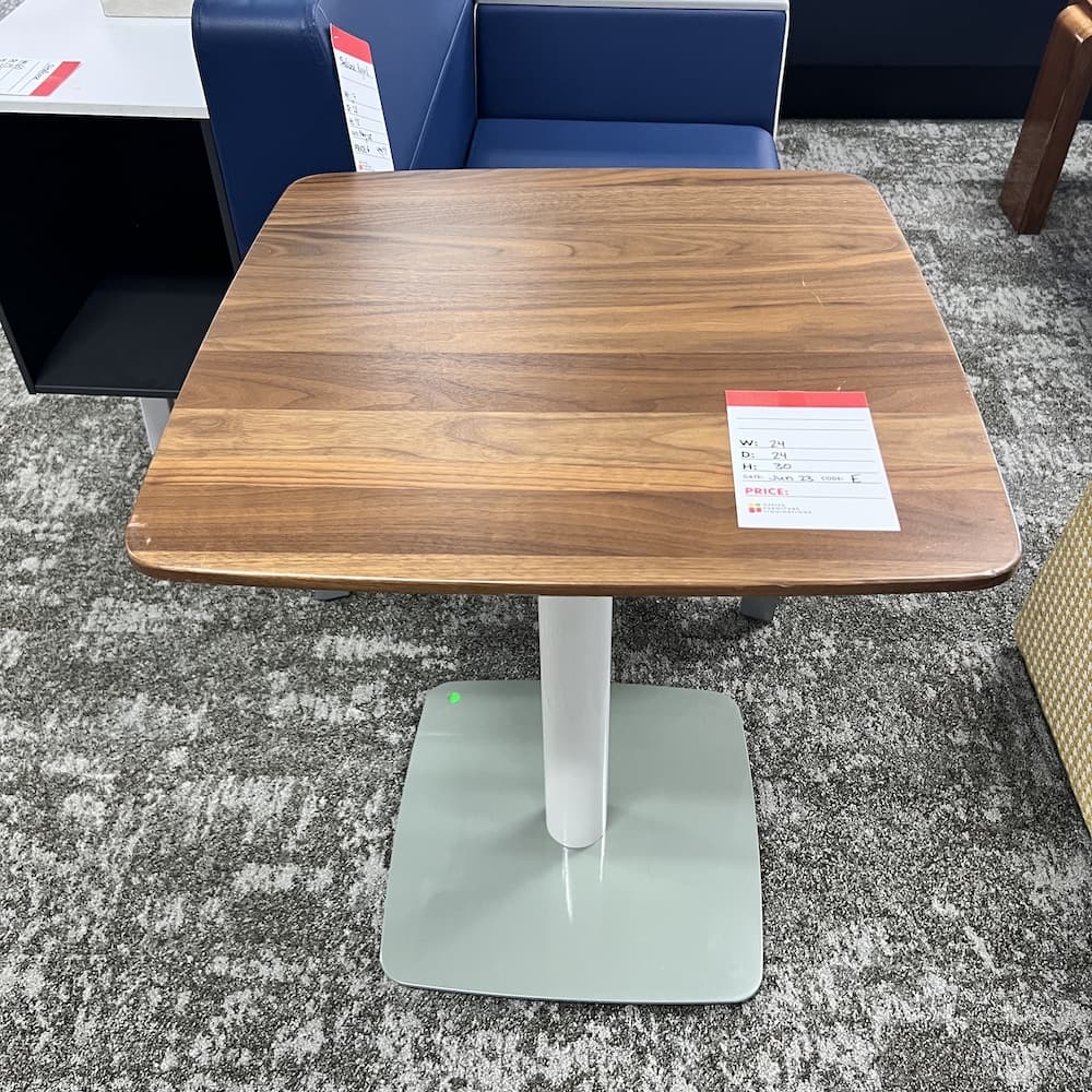 wood square top cafe table, grey metal base, used steelcase, used office furniture