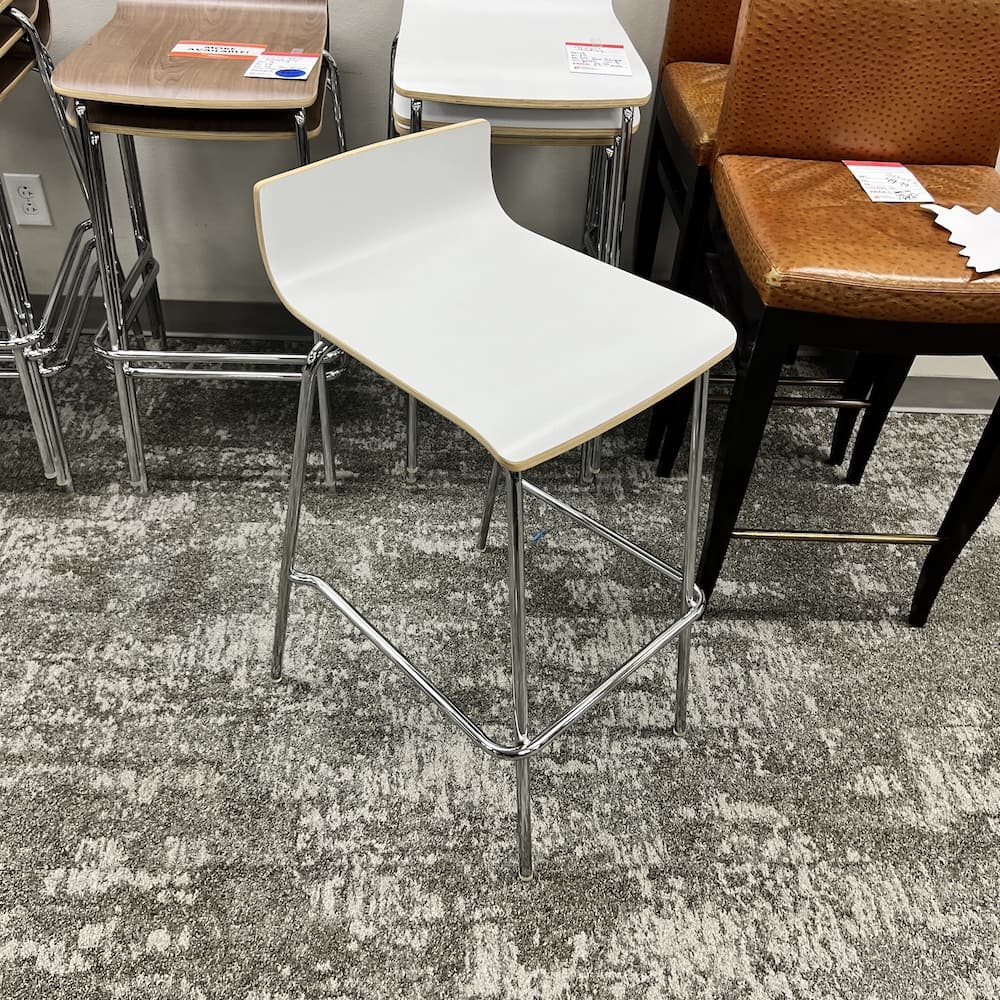 Closeout New - White Wood and Chrome Low Back Stacking Bar Stool