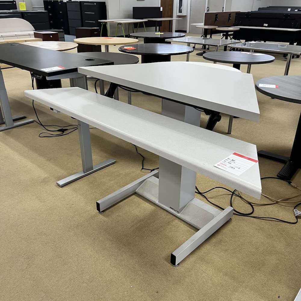 light grey laminate corner height adjustable desk by marline, used office furniture, two levels for your keyboard
