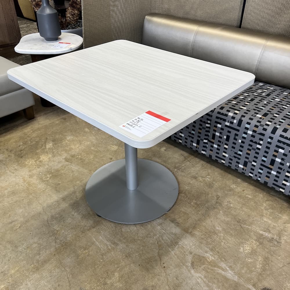 36" x 30" Steelcase Coalesse White Wood Grain Laminate and Grey Metal Cafe Table