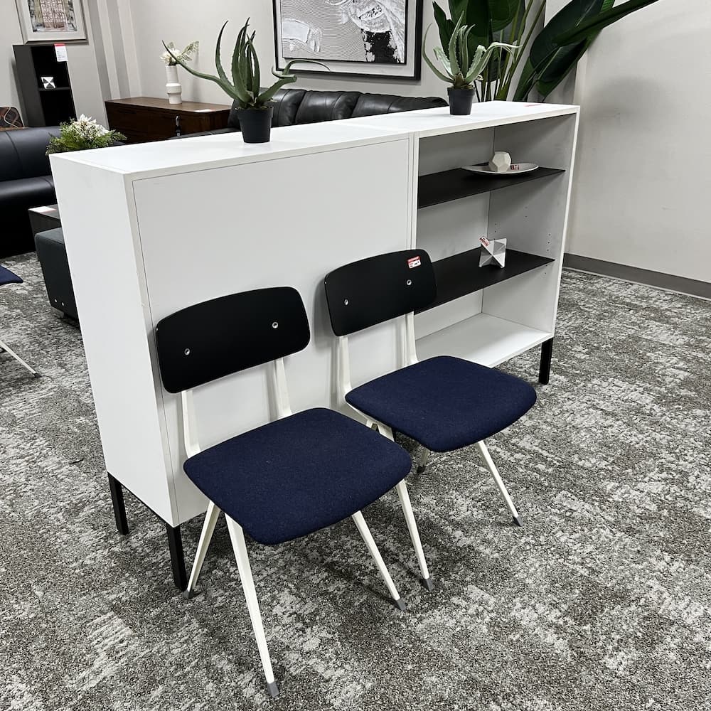 white laminate steelcase bookshelf, double sided, black metal shelves, commercial seating, used office furniture