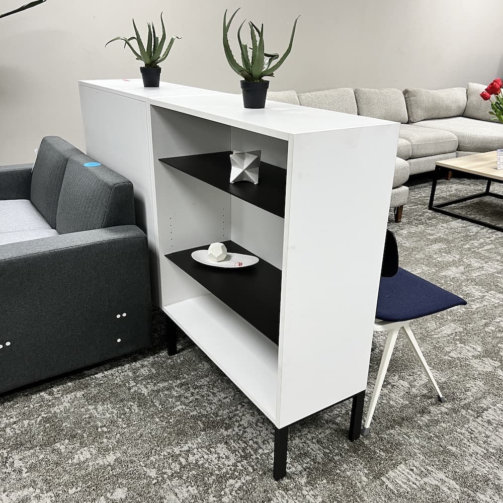 white laminate steelcase bookshelf, double sided, black metal shelves, commercial seating, used office furniture