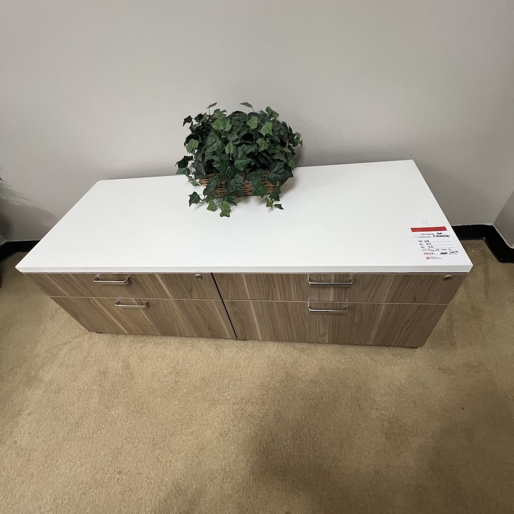 steelcase white laminate storage cabinet with oak laminate base silver pulls, 2 lateral file drawers, white top, used office furniture