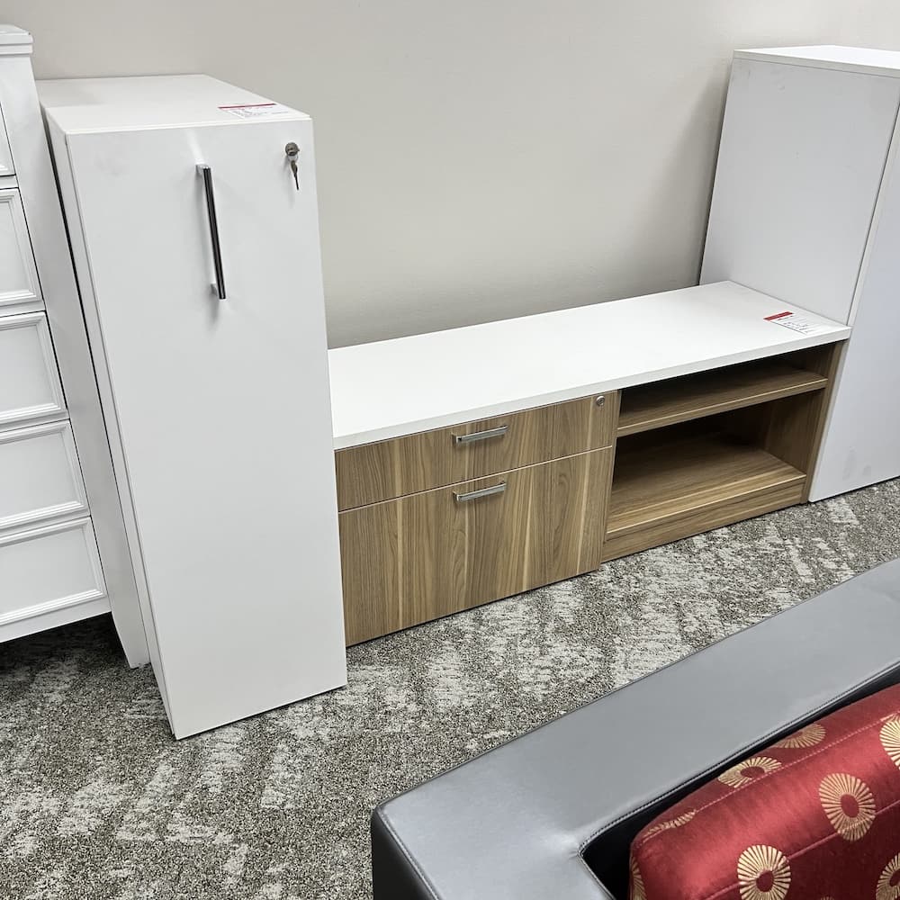 Set - Steelcase White Laminate Credenza Console with Pull out Storage Cabinets