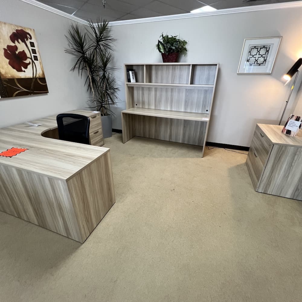 Set - American Elm Laminate L-Desk, Credenza Shell, and 2 Drawer Lateral