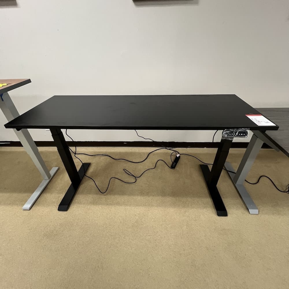 black laminate 66x24 height adjustable desk with black legs, programmable, office furniture desk