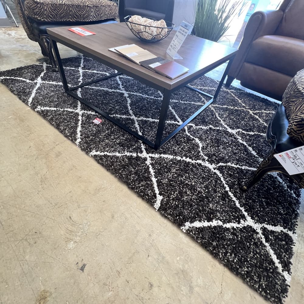 black and brown shaggy rug with white stripes, used home furniture