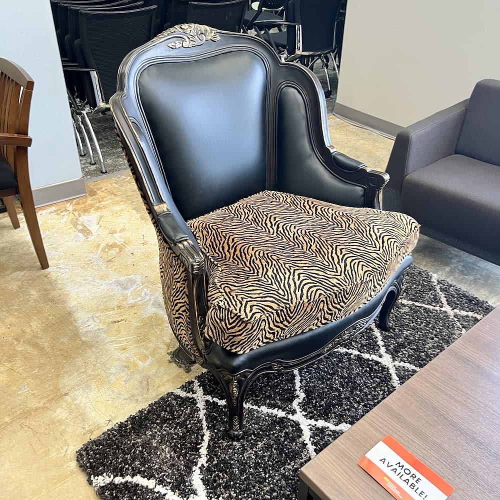 black and brown zebra print upholstered wing back chair, used furniture, set of 2