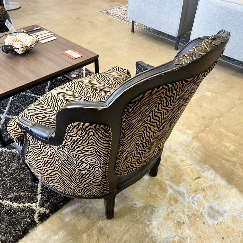 black and brown zebra print upholstered wing back chair, used furniture, set of 2