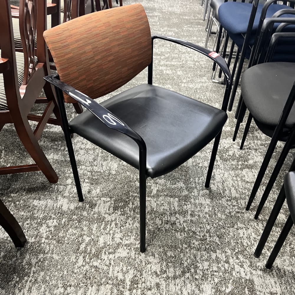 black vinyl and red upholstery back stacking chair, steelcase player, used office furniture