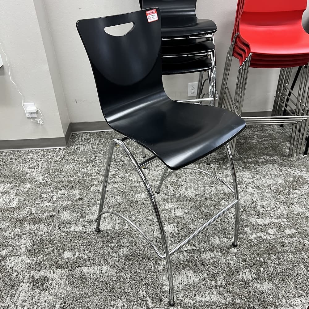 black stacking bar stool with chrome base, used office furniture, bar stool