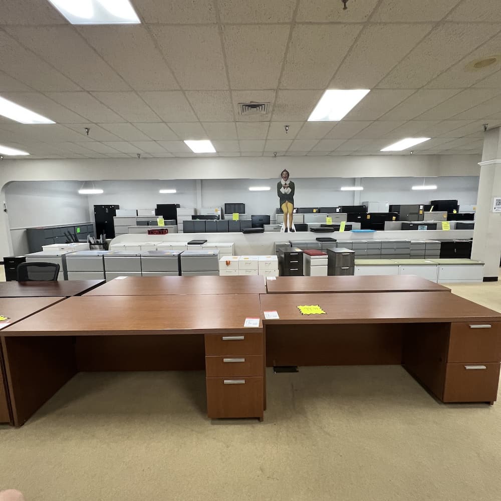steelcase desks in cherry laminate, used office furniture