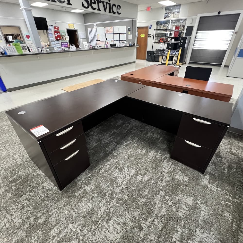 71 x 77 espresso laminate l-desk right return double pedestal used office furniture