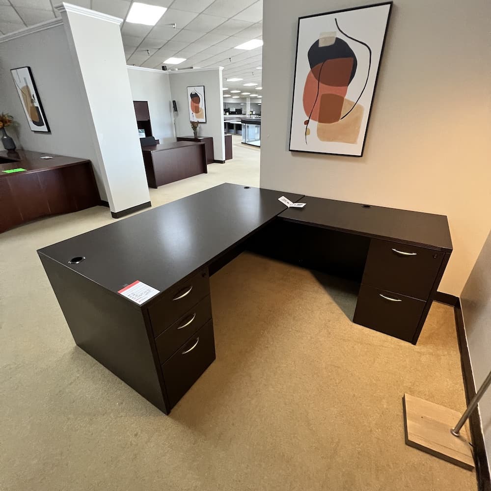 71" x 77" Espresso Fluted Edge Laminate L-desk with Double Pedestal - Right Return