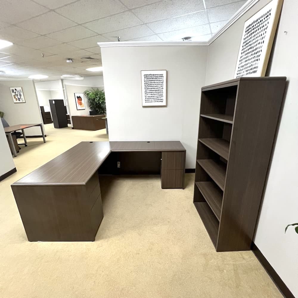 espresso Portobello laminate l-desk with bookcase, national furniture, used office furniture