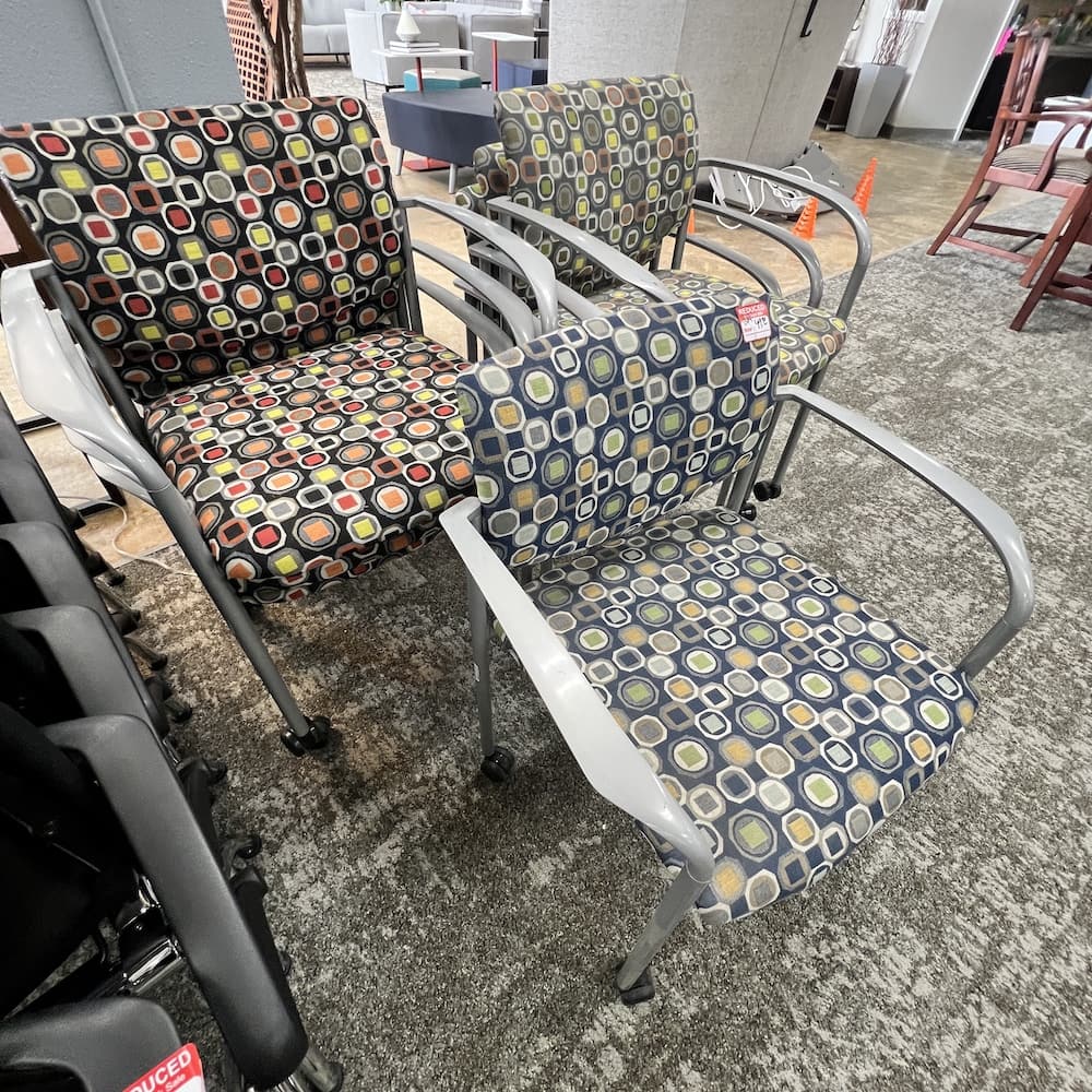 green and grey steelcase player stacking chairs, used office furniture