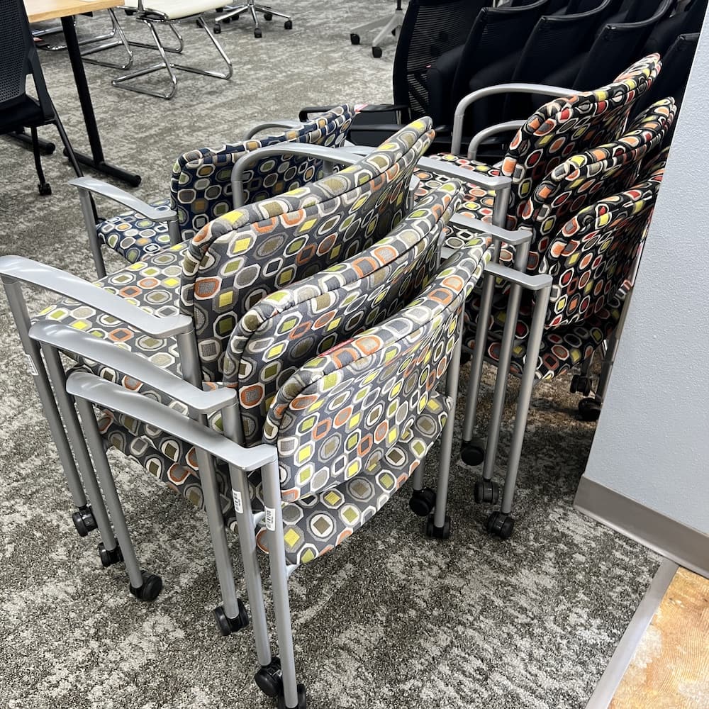 green and grey steelcase player stacking chairs, used office furniture