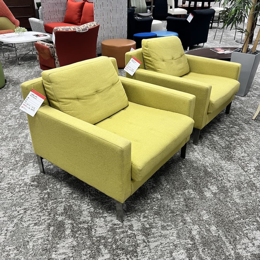 yellow green wool Millbrae lounge chair, steelcase commercial heavy duty chairs, used office furniture