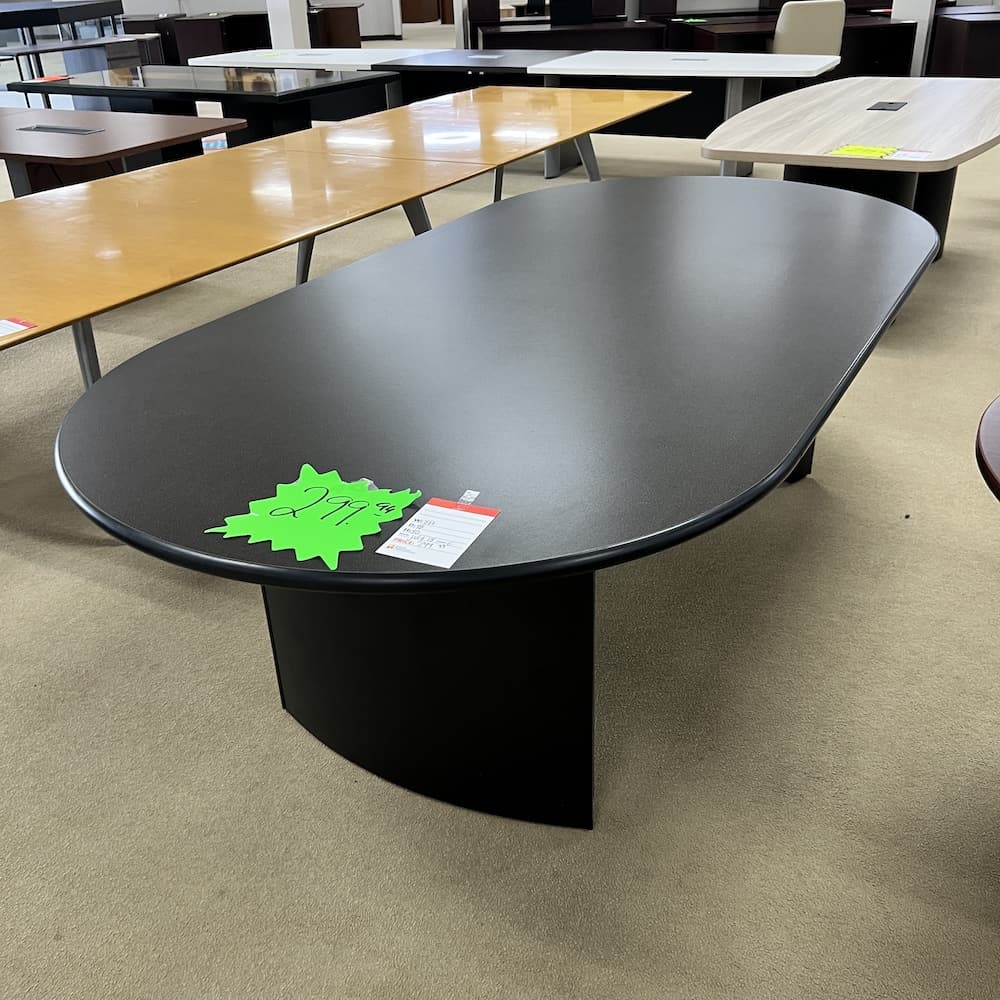 dark grey laminate racetrack conference table, used office furniture, 8 ft