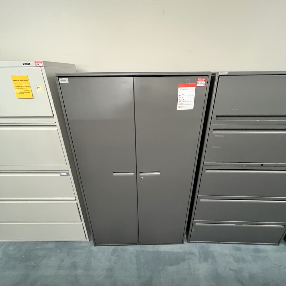 grey metal 2 door storage cabinet haworth, used office furniture