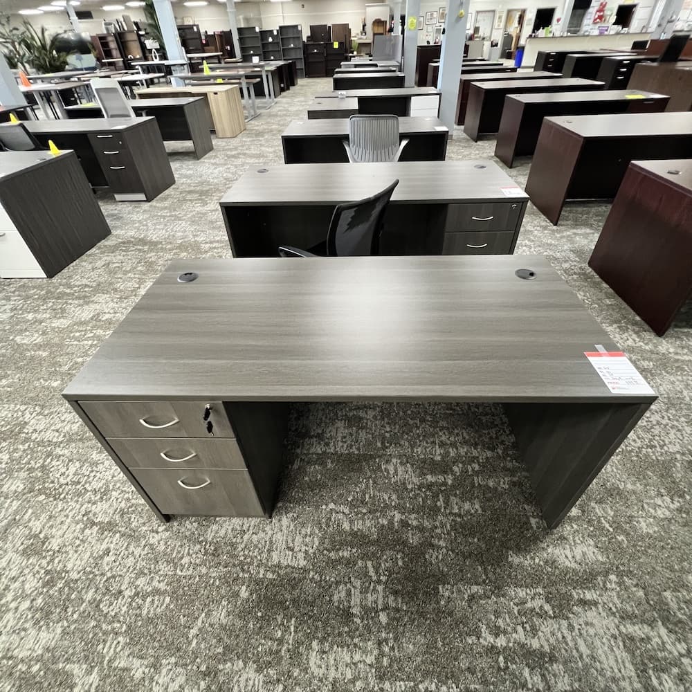 grey laminate desk with box box file, silver handles, used office furniture