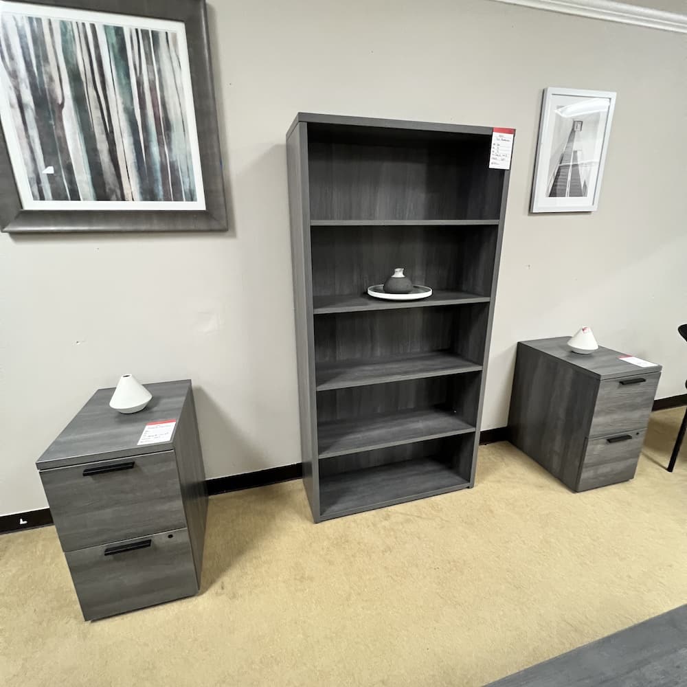 Set - Hon Grey Laminate Desk, File Cabinets, Bookcase, and Break Room Table - Image 3