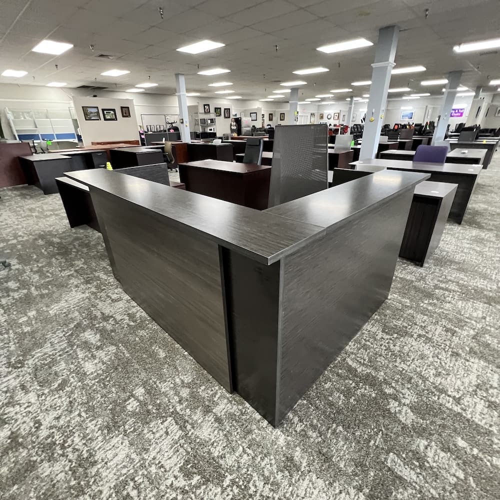 indiana furniture l-desk reception left return with green pin board, used office furniture, laminate