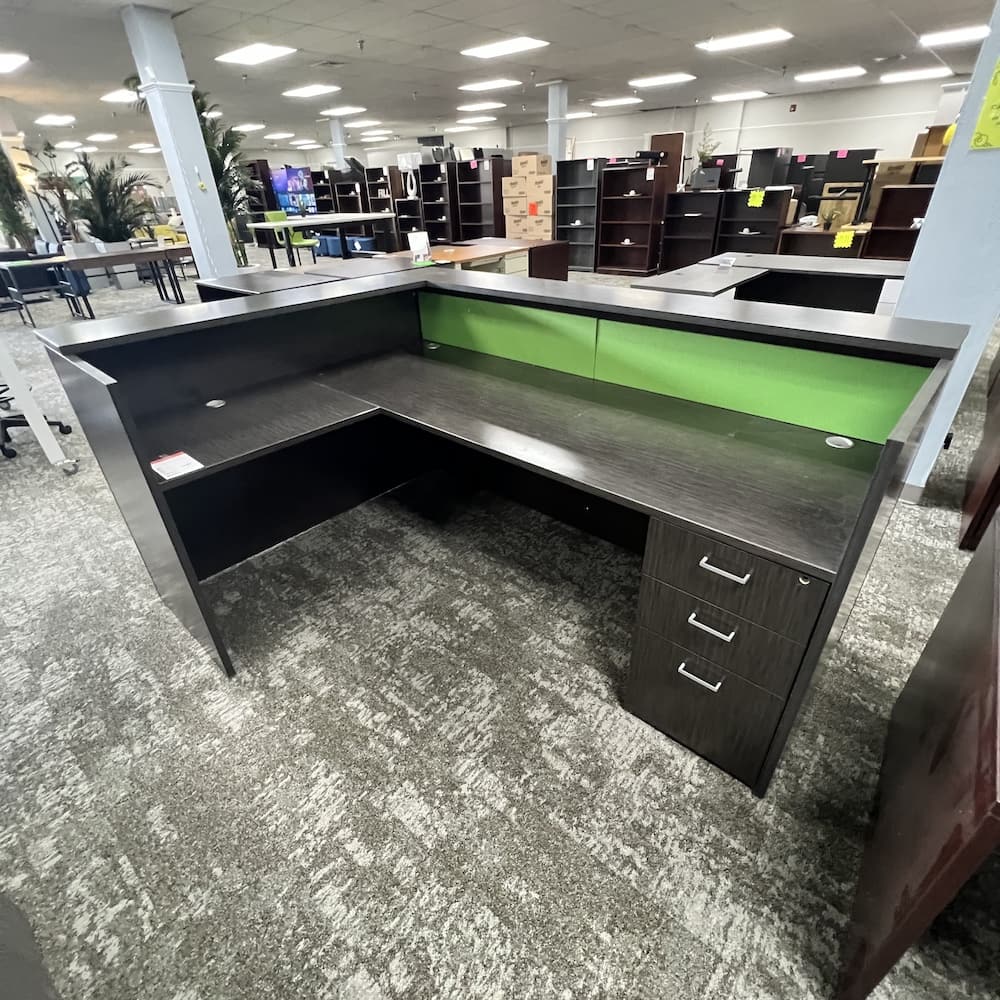 indiana furniture l-desk reception left return with green pin board, used office furniture, laminate